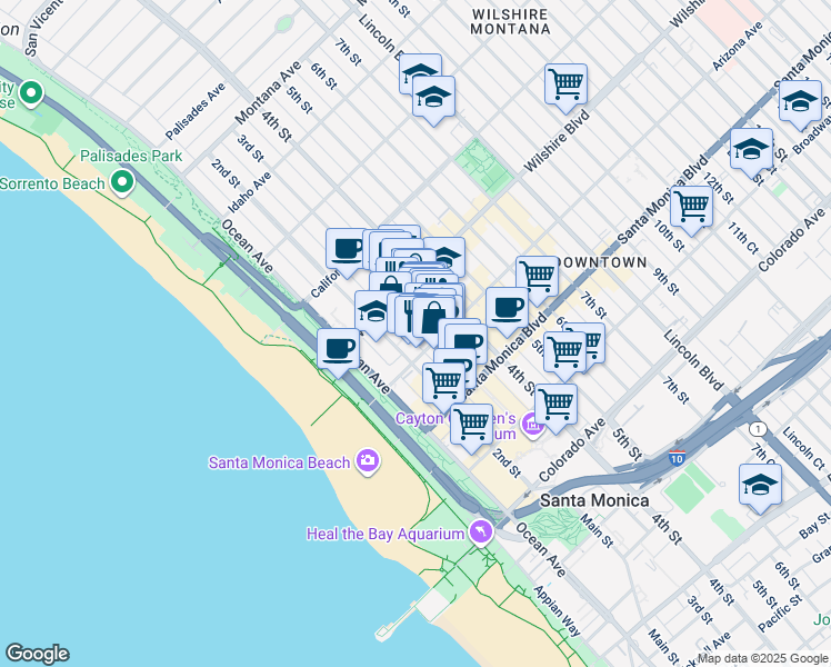 map of restaurants, bars, coffee shops, grocery stores, and more near 1351 3rd Street Promenade in Santa Monica