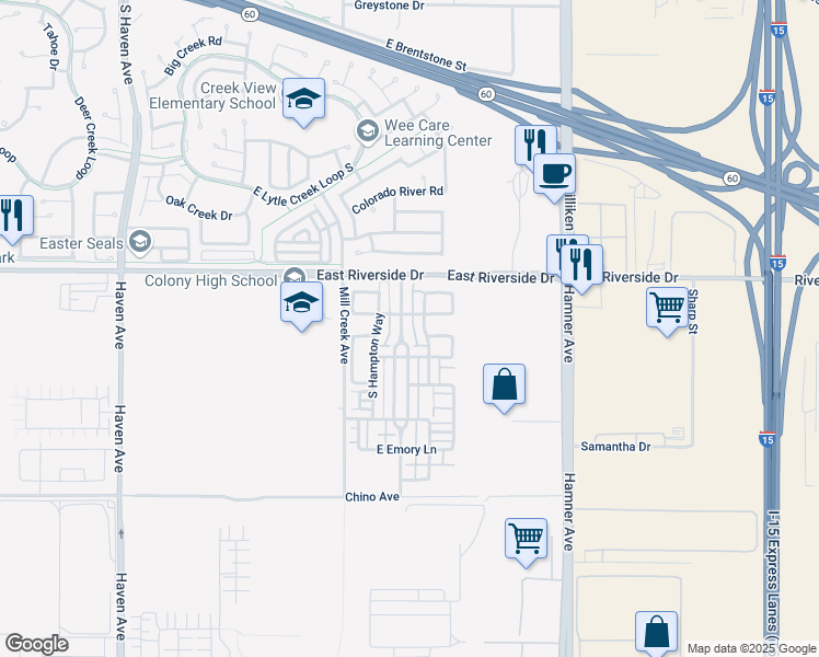 map of restaurants, bars, coffee shops, grocery stores, and more near 3091 South Edenglen Avenue in Ontario