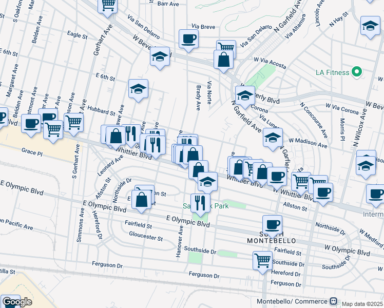 map of restaurants, bars, coffee shops, grocery stores, and more near 746 South Brady Avenue in East Los Angeles