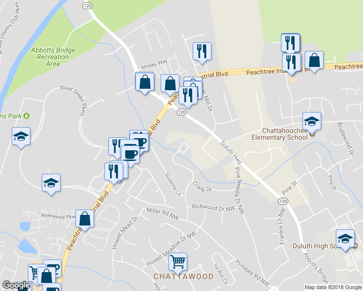 map of restaurants, bars, coffee shops, grocery stores, and more near 4232 Rogers Creek Court in Duluth