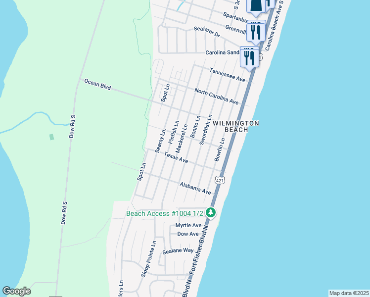 map of restaurants, bars, coffee shops, grocery stores, and more near 1512 Bonito Lane in Carolina Beach
