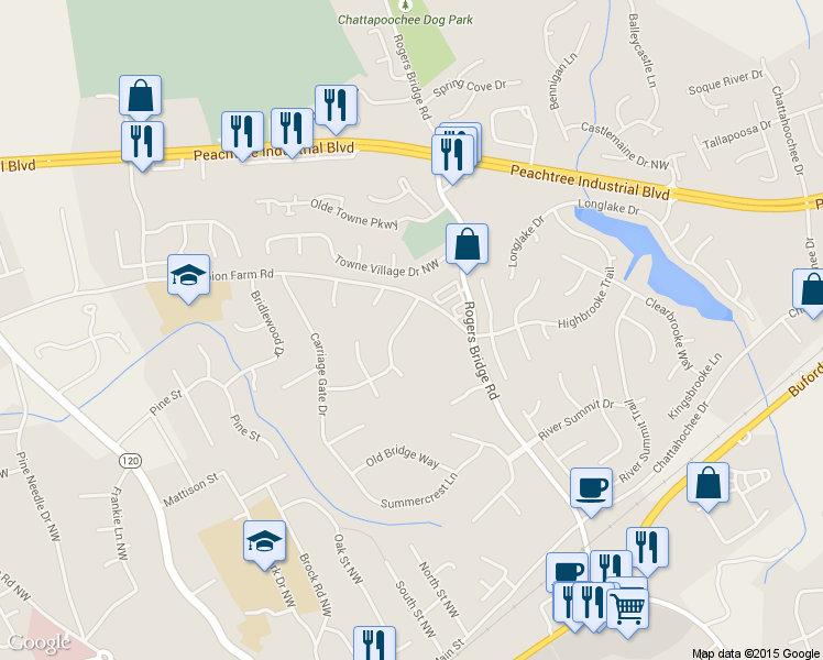 map of restaurants, bars, coffee shops, grocery stores, and more near 2722 Old Coach Rd in Duluth