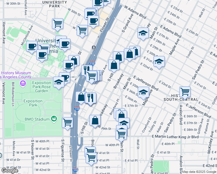map of restaurants, bars, coffee shops, grocery stores, and more near 3600 S Hill St in Los Angeles