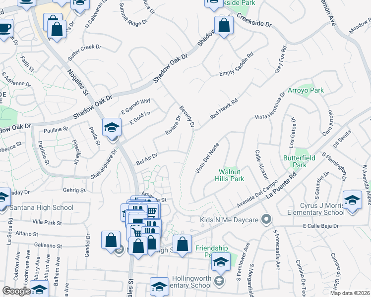 map of restaurants, bars, coffee shops, grocery stores, and more near 409 Beverly Drive in Walnut