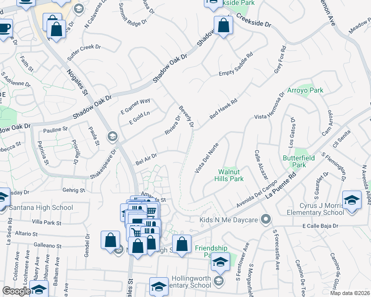 map of restaurants, bars, coffee shops, grocery stores, and more near 409 Beverly Drive in Walnut