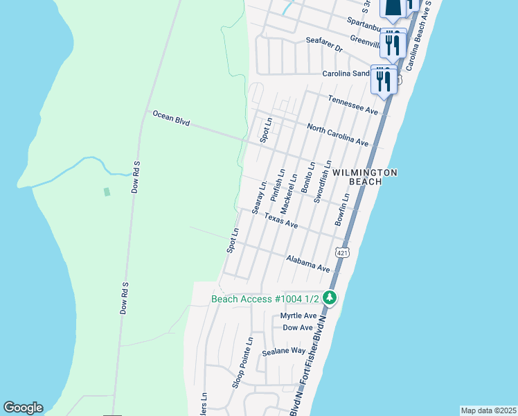 map of restaurants, bars, coffee shops, grocery stores, and more near 1521 Searay Lane in Carolina Beach