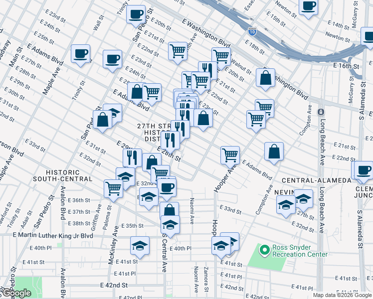 map of restaurants, bars, coffee shops, grocery stores, and more near 1144 East 27th Street in Los Angeles