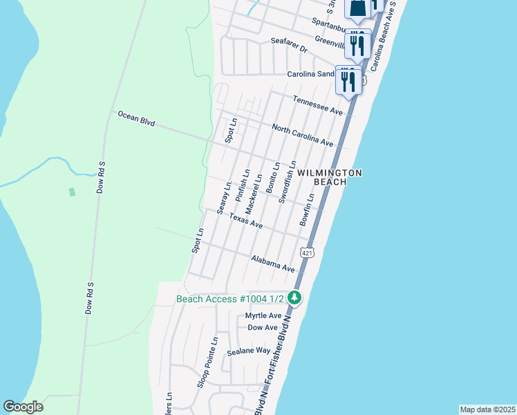 map of restaurants, bars, coffee shops, grocery stores, and more near 1512 Bonito Lane in Carolina Beach