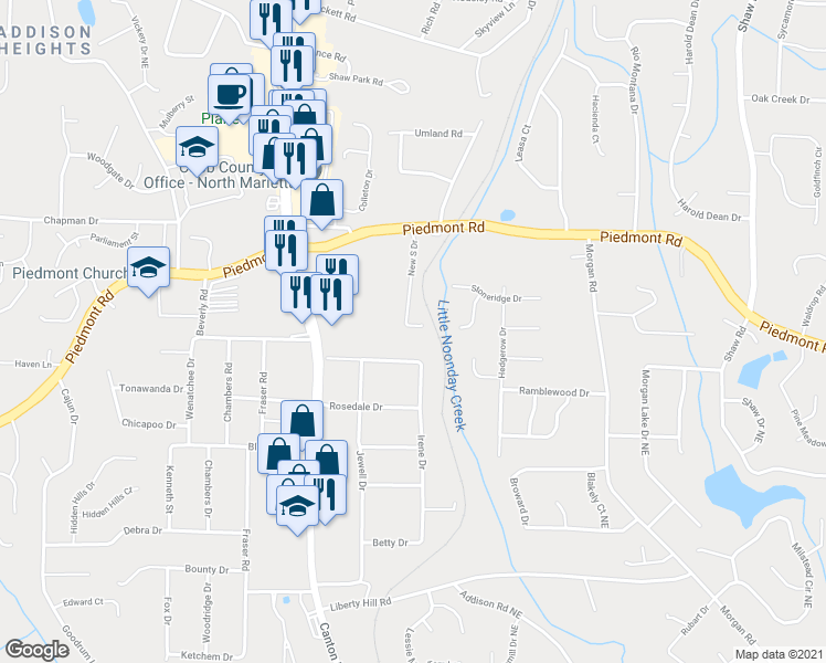 map of restaurants, bars, coffee shops, grocery stores, and more near 2771 New South Drive in Marietta