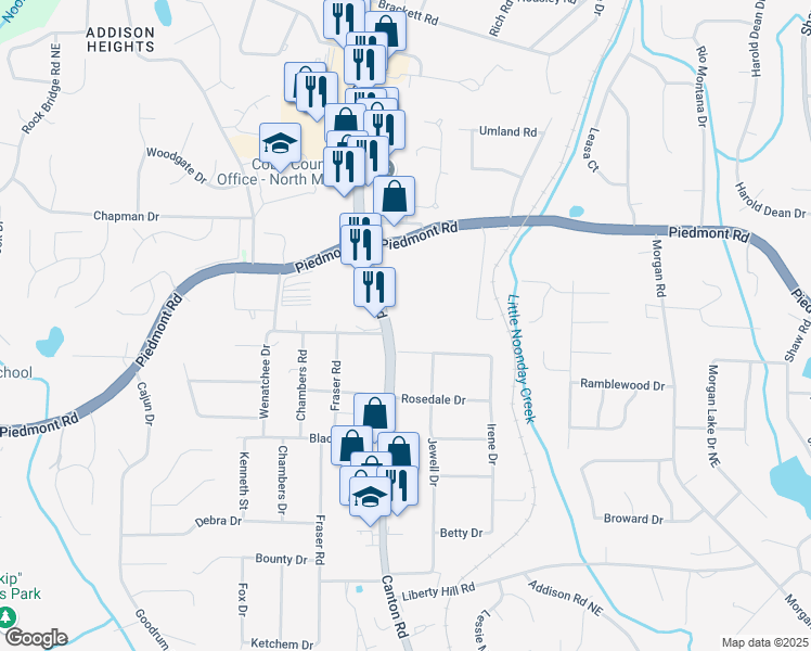 map of restaurants, bars, coffee shops, grocery stores, and more near 2710 Canton Road in Marietta
