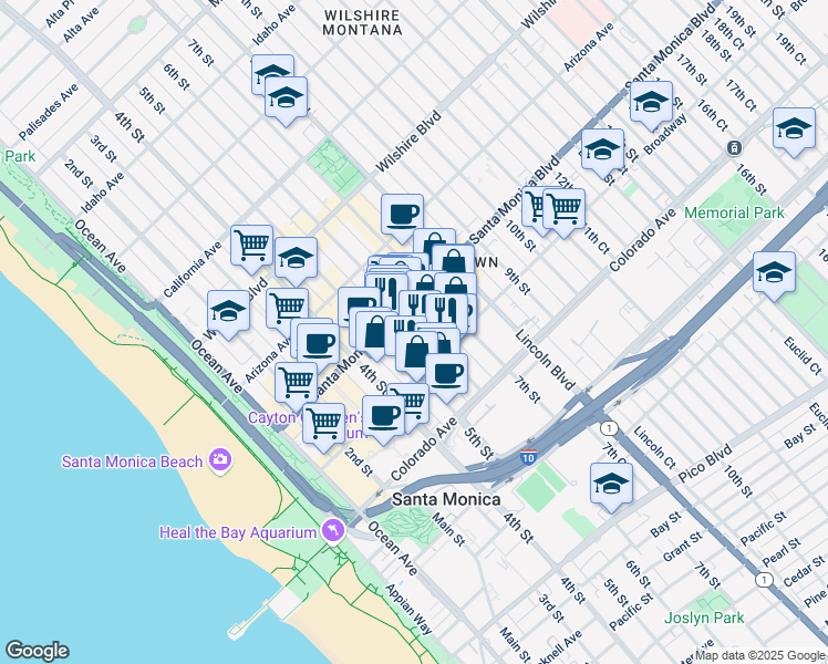 map of restaurants, bars, coffee shops, grocery stores, and more near 1423 6th Street in Santa Monica