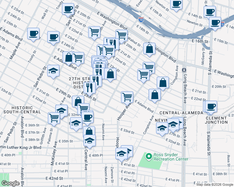 map of restaurants, bars, coffee shops, grocery stores, and more near 1210 East Adams Boulevard in Los Angeles