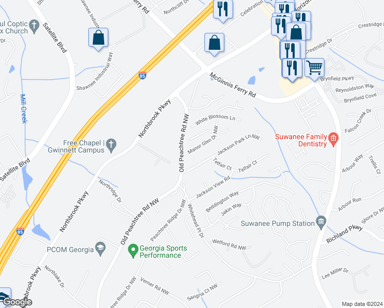 map of restaurants, bars, coffee shops, grocery stores, and more near 700 Manor Glen Drive in Suwanee