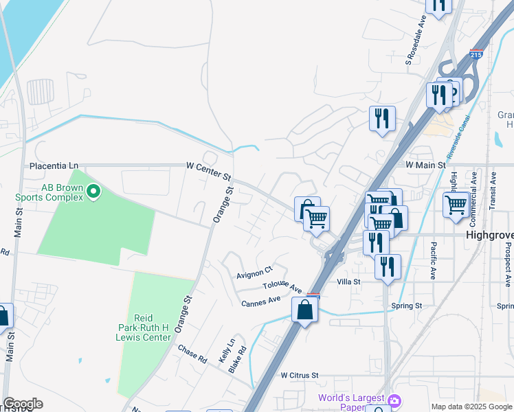 map of restaurants, bars, coffee shops, grocery stores, and more near 370 Orange Street in Riverside