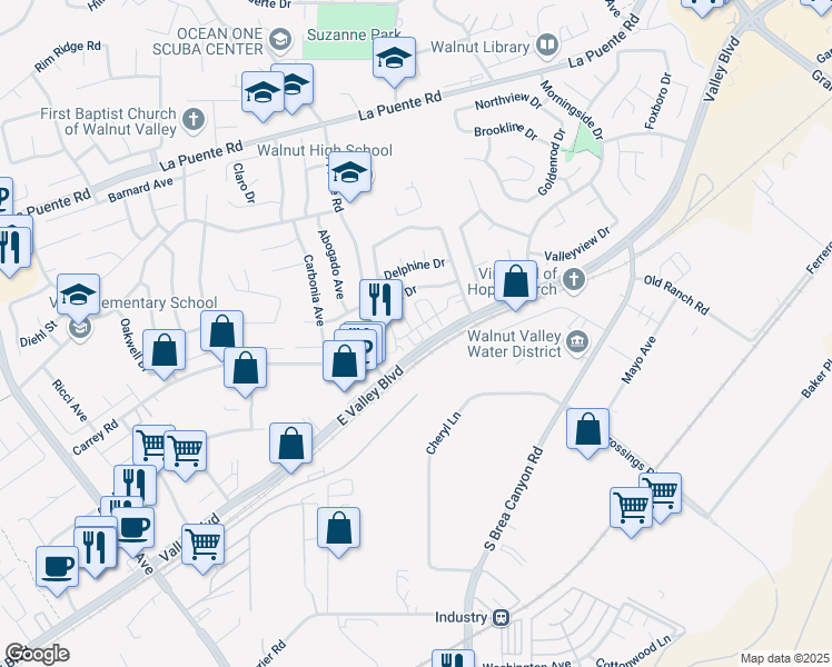 map of restaurants, bars, coffee shops, grocery stores, and more near 20972 Cornerstone Drive in Walnut