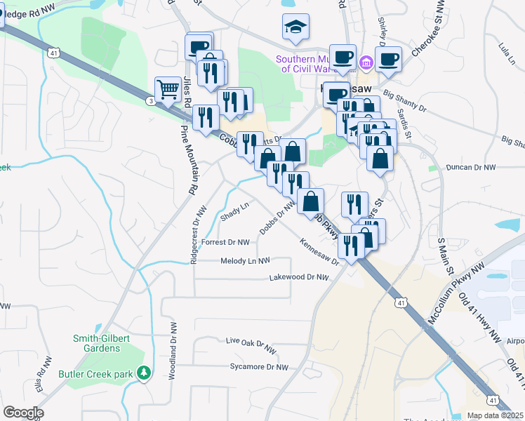 map of restaurants, bars, coffee shops, grocery stores, and more near 3010 Kennesaw Drive in Kennesaw