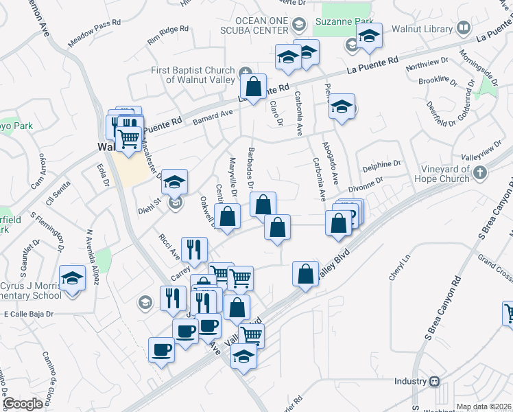 map of restaurants, bars, coffee shops, grocery stores, and more near 20543 Fuero Drive in Walnut