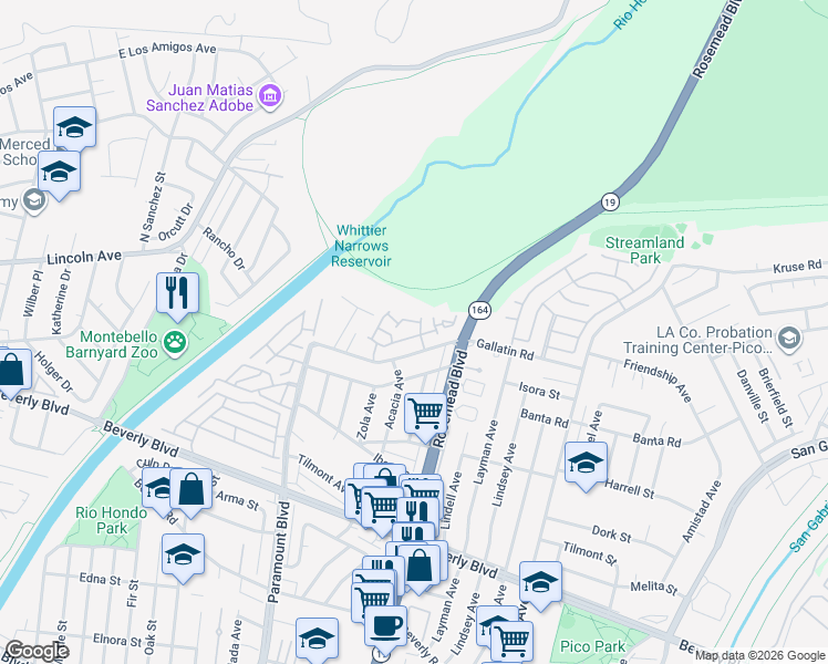 map of restaurants, bars, coffee shops, grocery stores, and more near 8959 Gallatin Road in Pico Rivera