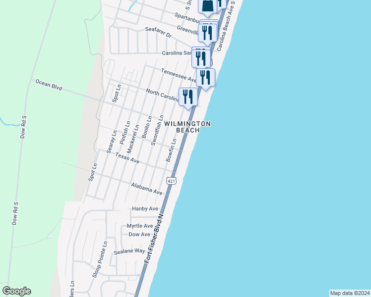 map of restaurants, bars, coffee shops, grocery stores, and more near 1 Lake Park Boulevard South in Carolina Beach