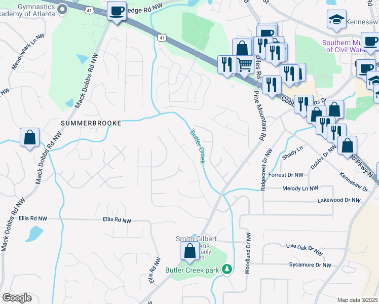 map of restaurants, bars, coffee shops, grocery stores, and more near 2436 Hidden Creek Road in Kennesaw