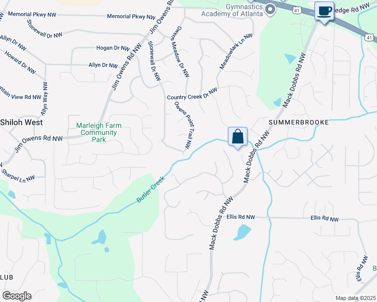 map of restaurants, bars, coffee shops, grocery stores, and more near 2918 Owens Point Trail Northwest in Kennesaw