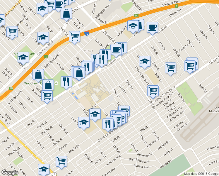 map of restaurants, bars, coffee shops, grocery stores, and more near 2248 20th Street in Santa Monica