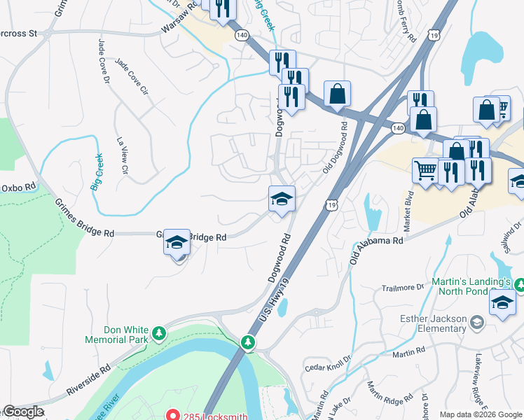 map of restaurants, bars, coffee shops, grocery stores, and more near 1010 Chelsey Way in Roswell
