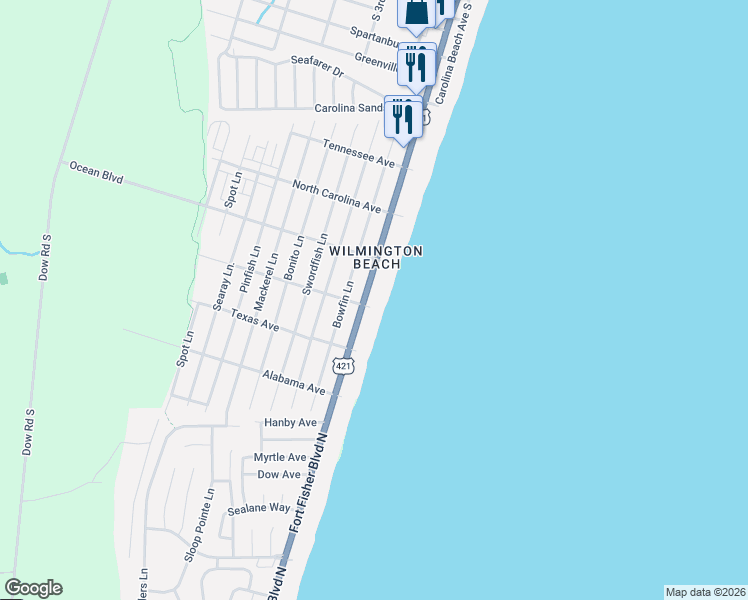 map of restaurants, bars, coffee shops, grocery stores, and more near 1423 South Lake Park Boulevard in Carolina Beach