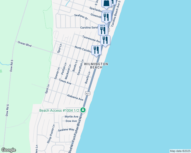map of restaurants, bars, coffee shops, grocery stores, and more near 1423 Lake Park Boulevard South in Carolina Beach