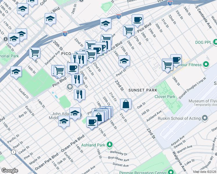 map of restaurants, bars, coffee shops, grocery stores, and more near 2336 22nd Street in Santa Monica