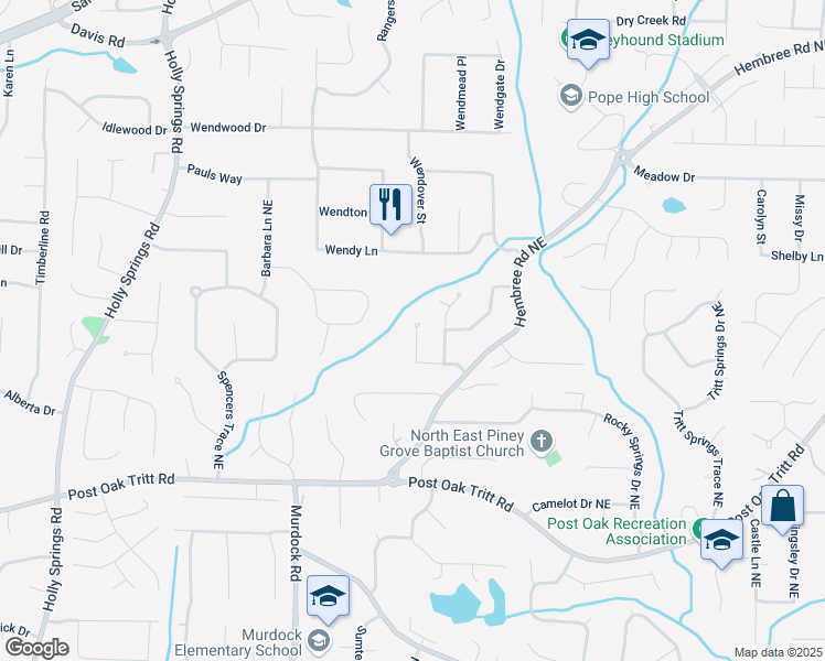 map of restaurants, bars, coffee shops, grocery stores, and more near 3214 Cedar Bluff Drive Northeast in Marietta