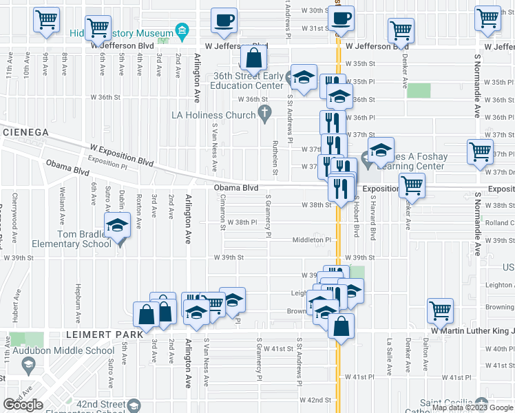 map of restaurants, bars, coffee shops, grocery stores, and more near 1816 W 38th St in Los Angeles