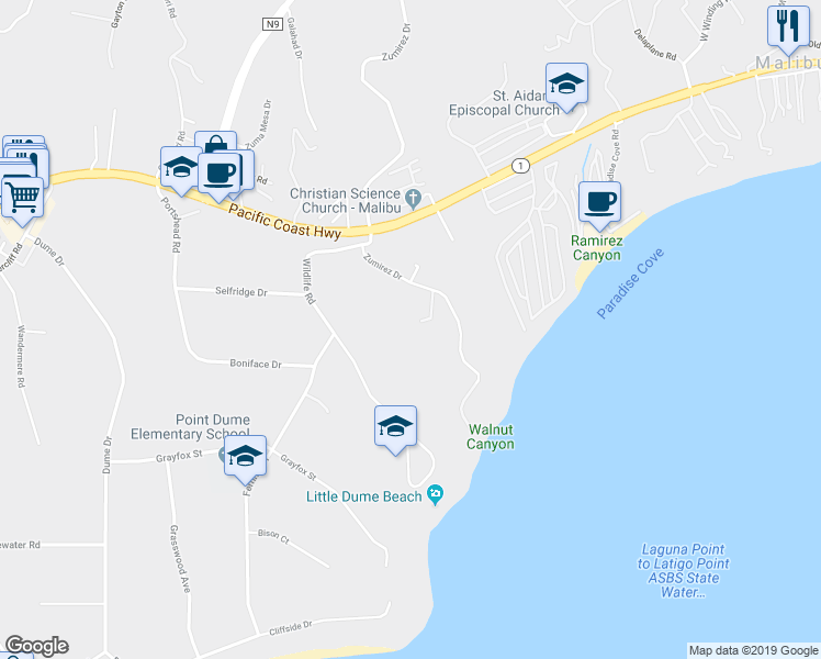 map of restaurants, bars, coffee shops, grocery stores, and more near 6649 Zumirez Drive in Malibu