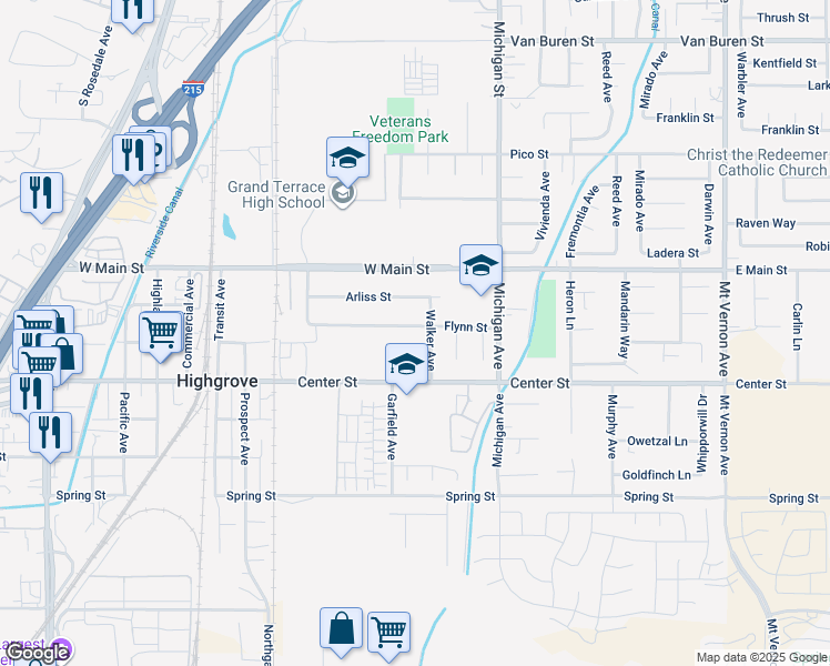 map of restaurants, bars, coffee shops, grocery stores, and more near 206 Waring Avenue in Riverside