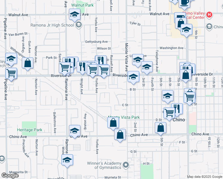 map of restaurants, bars, coffee shops, grocery stores, and more near 4798 Oceanside Drive in Chino