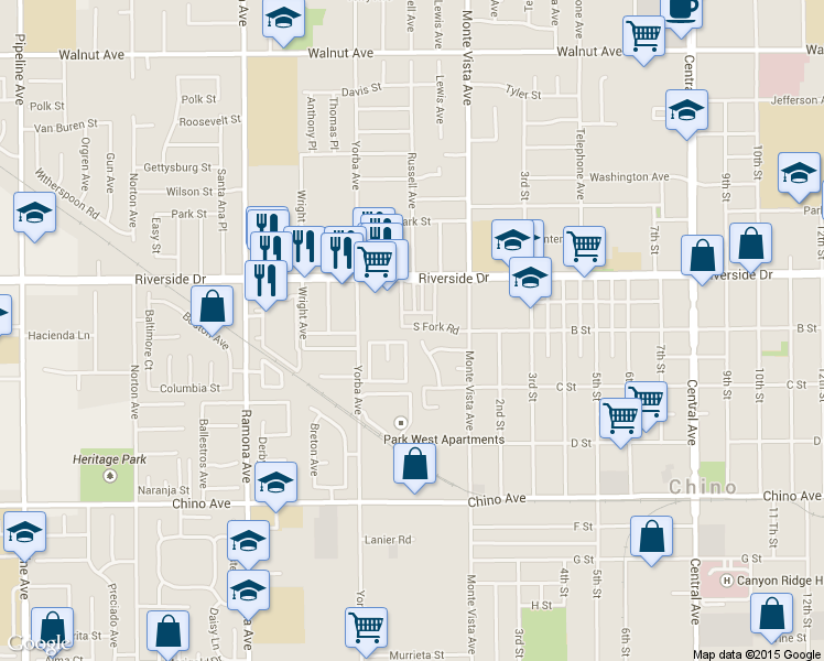 map of restaurants, bars, coffee shops, grocery stores, and more near 4815 South Fork Road in Chino