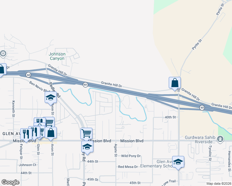 map of restaurants, bars, coffee shops, grocery stores, and more near 4040 Pedley Road in Riverside
