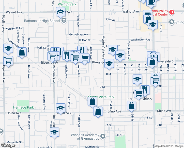 map of restaurants, bars, coffee shops, grocery stores, and more near 4823 South Fork Road in Chino