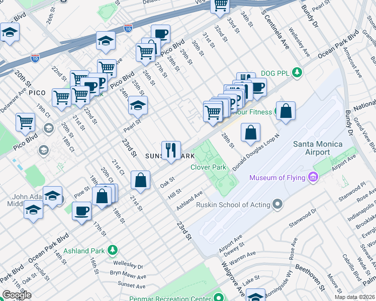 map of restaurants, bars, coffee shops, grocery stores, and more near 2473 Ocean Park Place South in Santa Monica