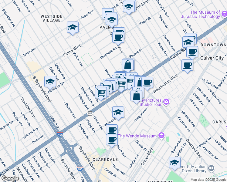 map of restaurants, bars, coffee shops, grocery stores, and more near 10831 California 187 in Culver City