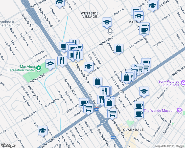 map of restaurants, bars, coffee shops, grocery stores, and more near 11110 Charnock Road in Los Angeles