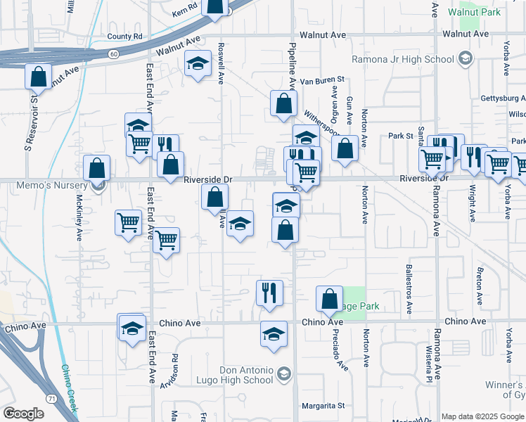 map of restaurants, bars, coffee shops, grocery stores, and more near 4025 Mira Mesa Avenue in Chino