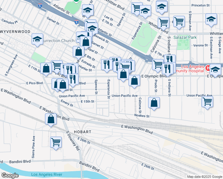 map of restaurants, bars, coffee shops, grocery stores, and more near 3629 Union Pacific Avenue in Los Angeles