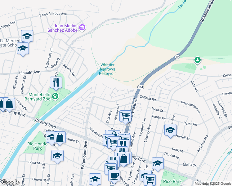 map of restaurants, bars, coffee shops, grocery stores, and more near 8959 Gallatin Road in Pico Rivera