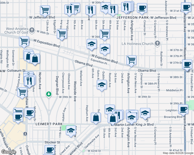 map of restaurants, bars, coffee shops, grocery stores, and more near 3801 Sutro Avenue in Los Angeles
