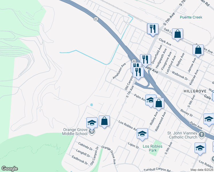 map of restaurants, bars, coffee shops, grocery stores, and more near 1315 Ameluxen Avenue in La Puente