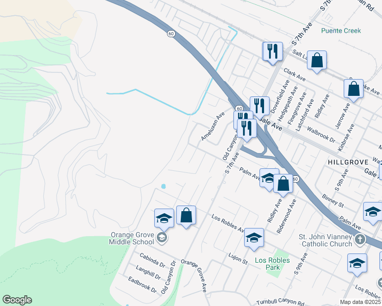 map of restaurants, bars, coffee shops, grocery stores, and more near 1315 Ameluxen Avenue in La Puente