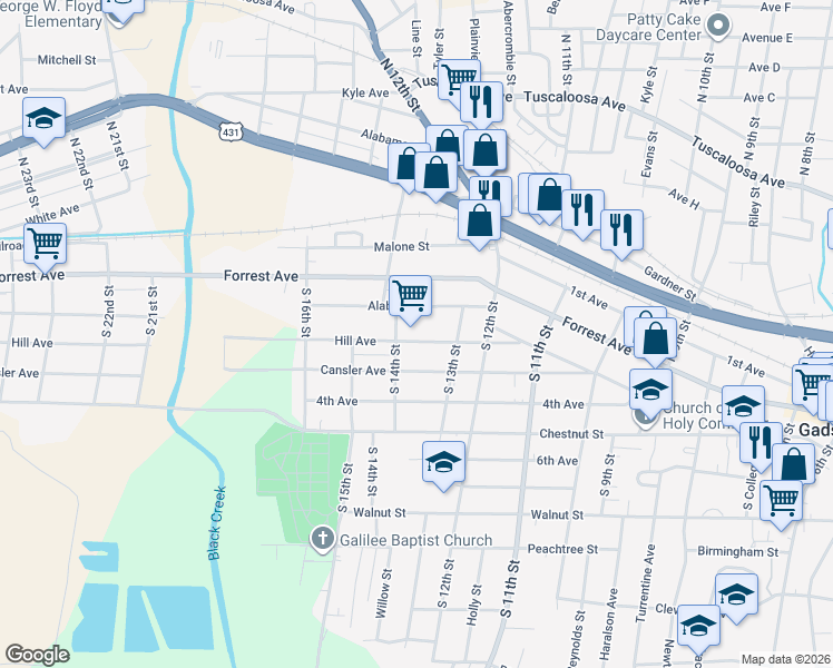 map of restaurants, bars, coffee shops, grocery stores, and more near 1329 Hill Avenue in Gadsden