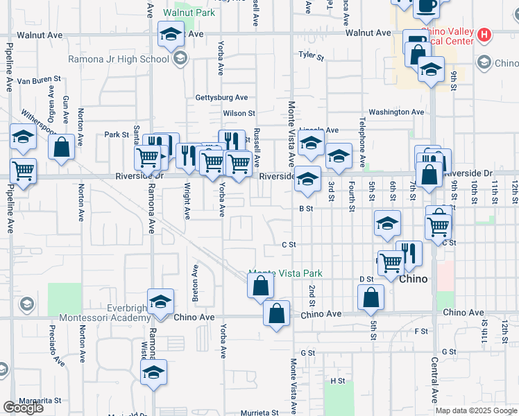 map of restaurants, bars, coffee shops, grocery stores, and more near 4798 Oceanside Drive in Chino