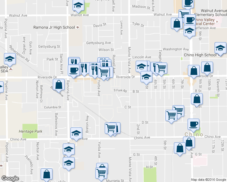 map of restaurants, bars, coffee shops, grocery stores, and more near 4798 Oceanside Drive in Chino